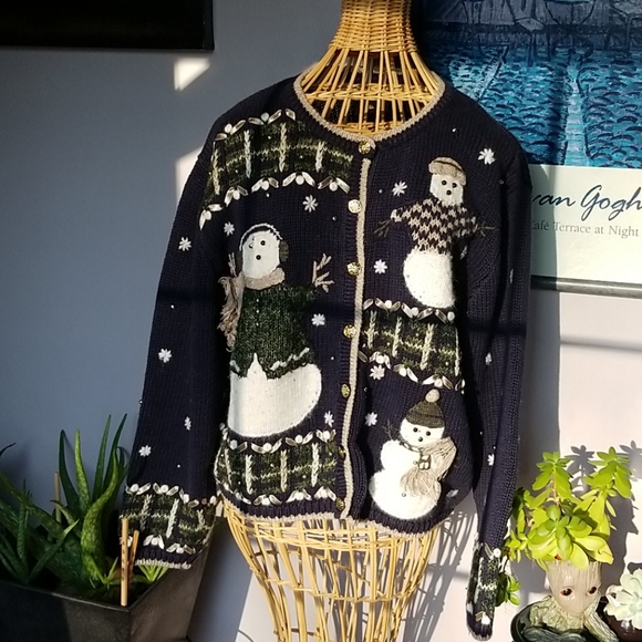 Source Unknown Sweaters - Vintage Holiday Christmas Embroidered Snowman Blue Button Down Sweater